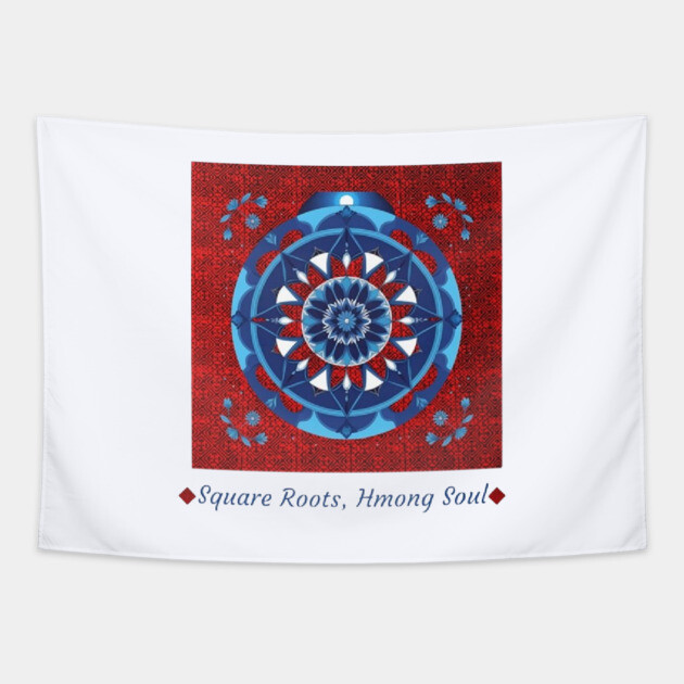Square Roots, Hmong Soul – Tribal Mandala in Red & Blue Tapestry by Pimcolle
