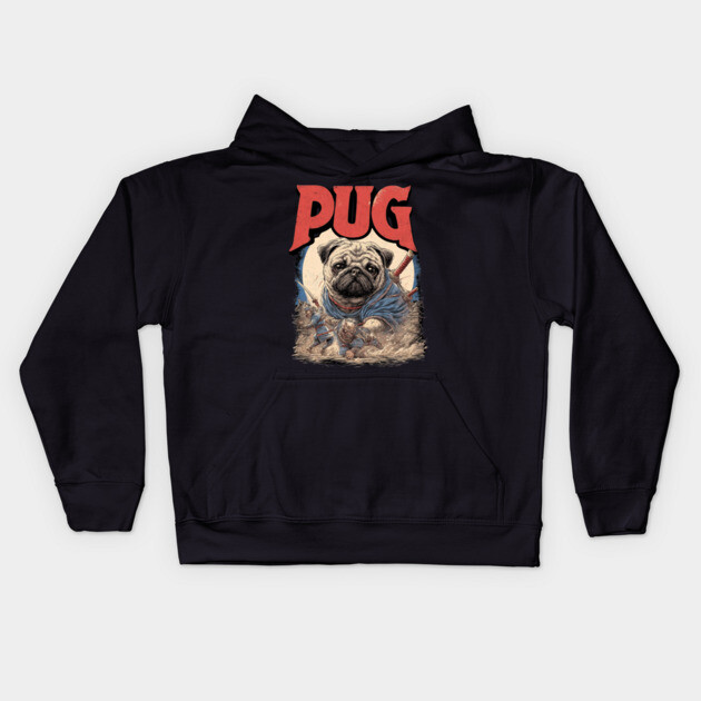 Epic Pug Warrior Crushing Enemies - Fantasy Dog Art Kids Hoodie by TuncGK