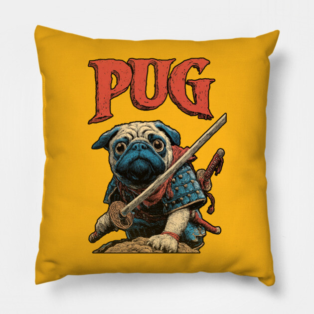 Pug Samurai - Honorable Warrior Dog Pillow by TuncGK