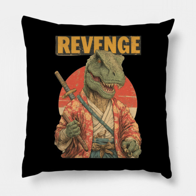 Samurai T-Rex Seeks Revenge - Dinosaur Warrior Art Pillow by TuncGK