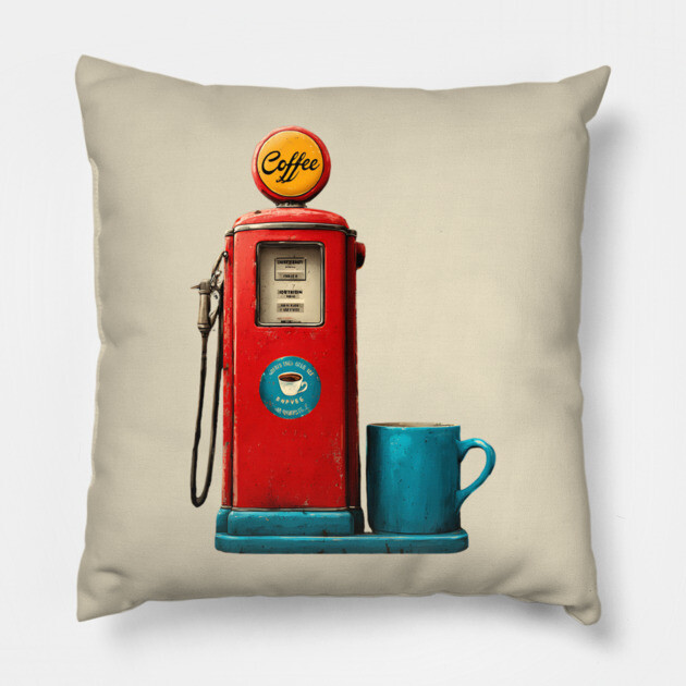 Coffee Stop - Vintage Gas Pump Caffeine Station Pillow by TuncGK