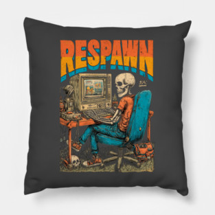 Respawn - Retro Computer Gamer Skeleton Design Pillow