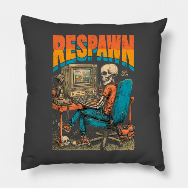 Respawn - Retro Computer Gamer Skeleton Design Pillow by TuncGK