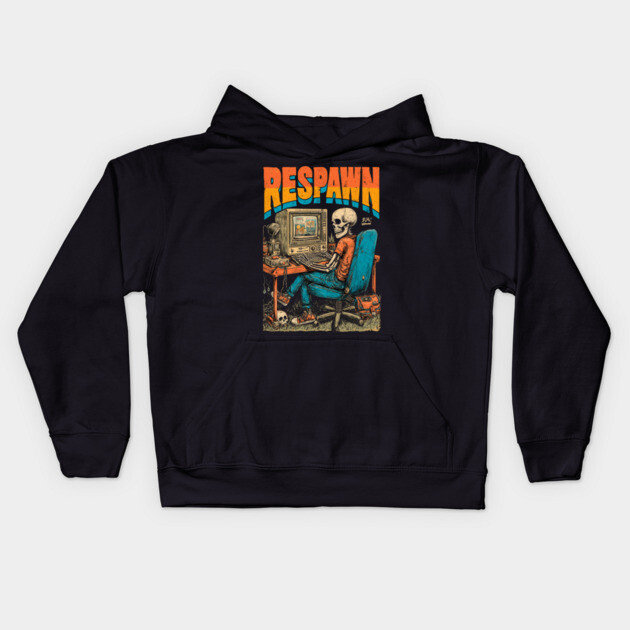 Respawn - Retro Computer Gamer Skeleton Design Kids Hoodie by TuncGK