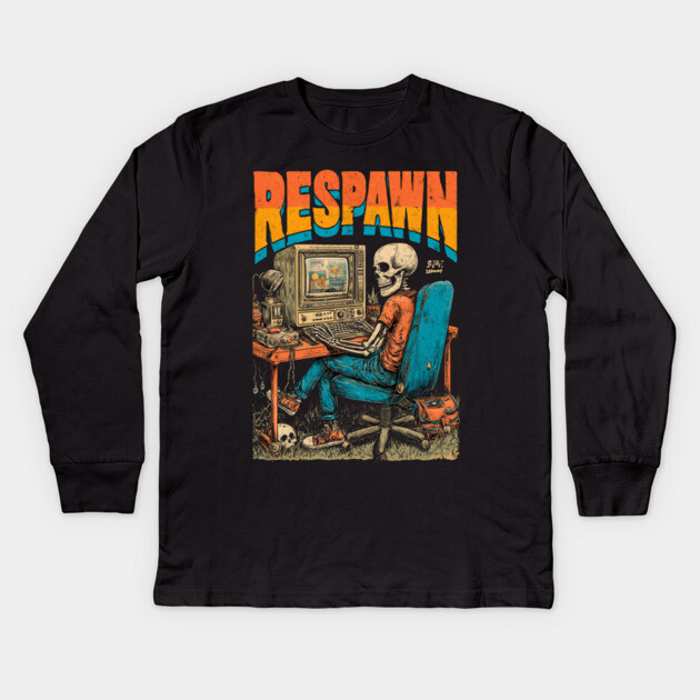 Respawn - Retro Computer Gamer Skeleton Design Kids Long Sleeve T-Shirt by TuncGK