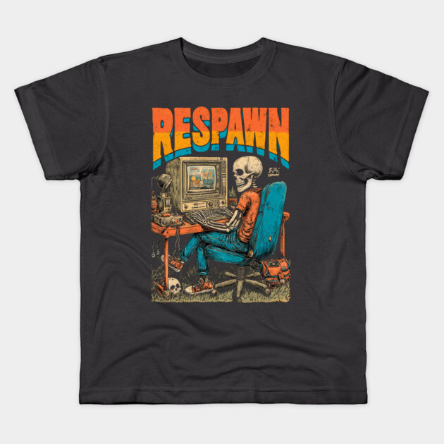 Respawn - Retro Computer Gamer Skeleton Design Kids T-Shirt by TuncGK