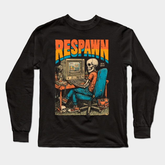 Respawn - Retro Computer Gamer Skeleton Design Long Sleeve T-Shirt by TuncGK