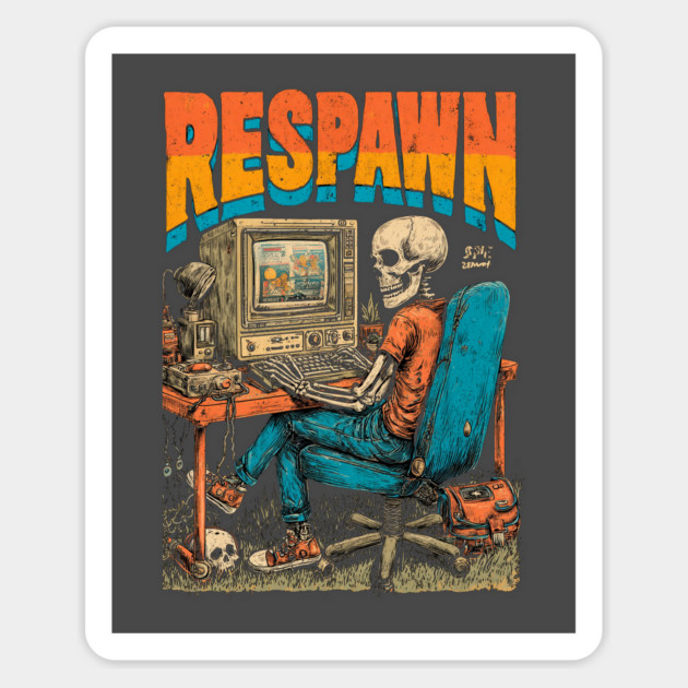 Respawn - Retro Computer Gamer Skeleton Design Magnet by TuncGK