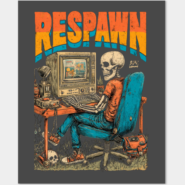 Respawn - Retro Computer Gamer Skeleton Design Wall Art by TuncGK