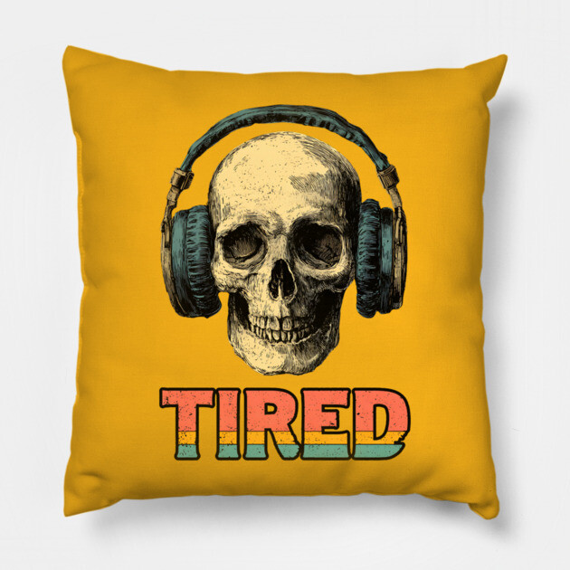 Tired Gamer Skull - Late Night Gaming Exhaustion Pillow by TuncGK