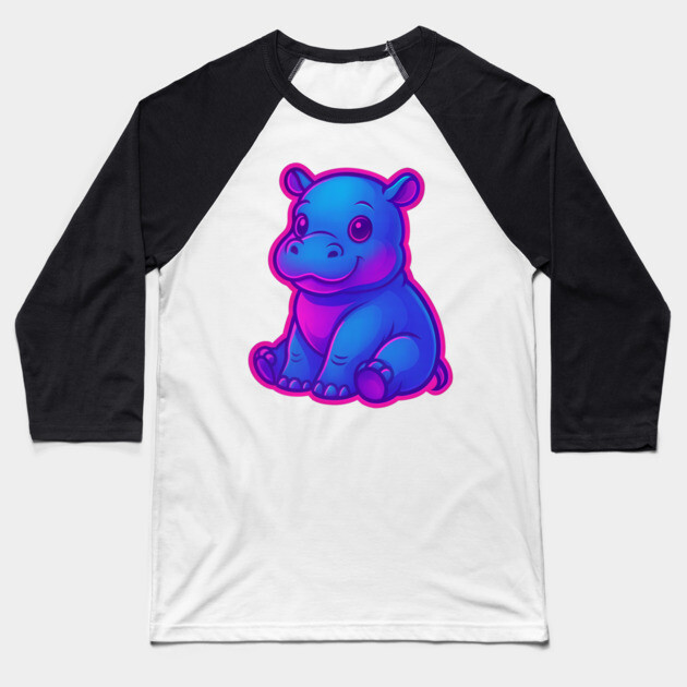 Cute Baby Hippo – Neon Blue and Pink Aesthetic Baseball T-Shirt by DonWillisJrArt