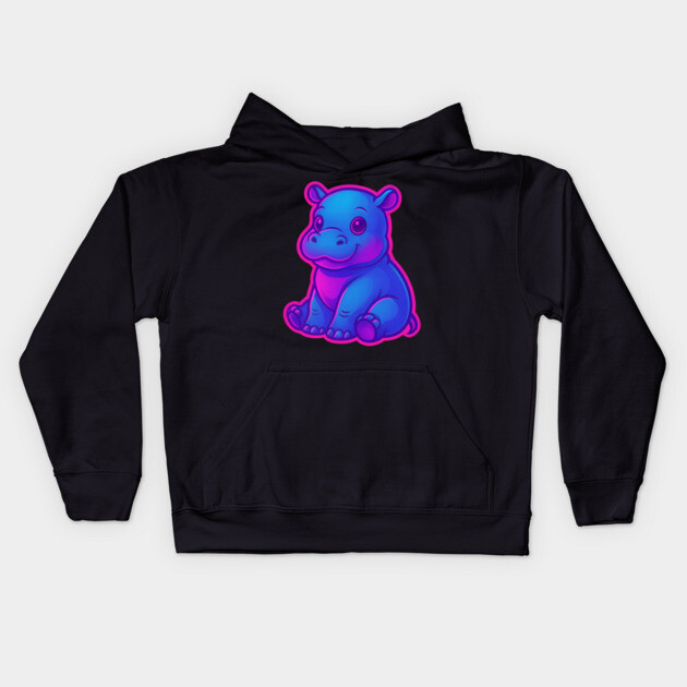 Cute Baby Hippo – Neon Blue and Pink Aesthetic Kids Hoodie by DonWillisJrArt