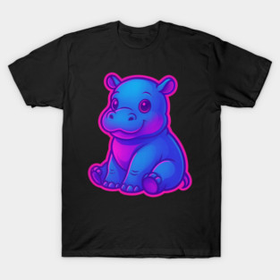 Cute Baby Hippo – Neon Blue and Pink Aesthetic T-Shirt