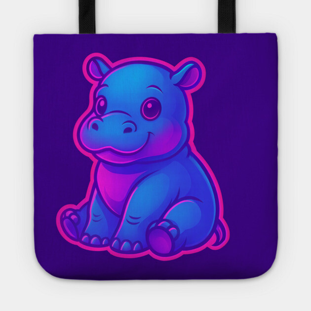 Cute Baby Hippo – Neon Blue and Pink Aesthetic Tote by DonWillisJrArt
