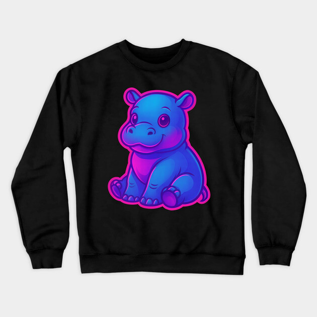 Cute Baby Hippo – Neon Blue and Pink Aesthetic Crewneck Sweatshirt by DonWillisJrArt
