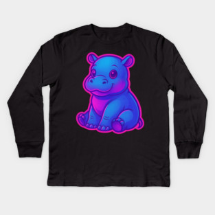 Cute Baby Hippo – Neon Blue and Pink Aesthetic Kids Long Sleeve T-Shirt