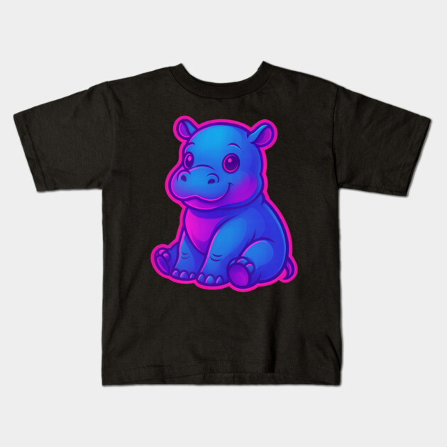 Cute Baby Hippo – Neon Blue and Pink Aesthetic Kids T-Shirt by DonWillisJrArt