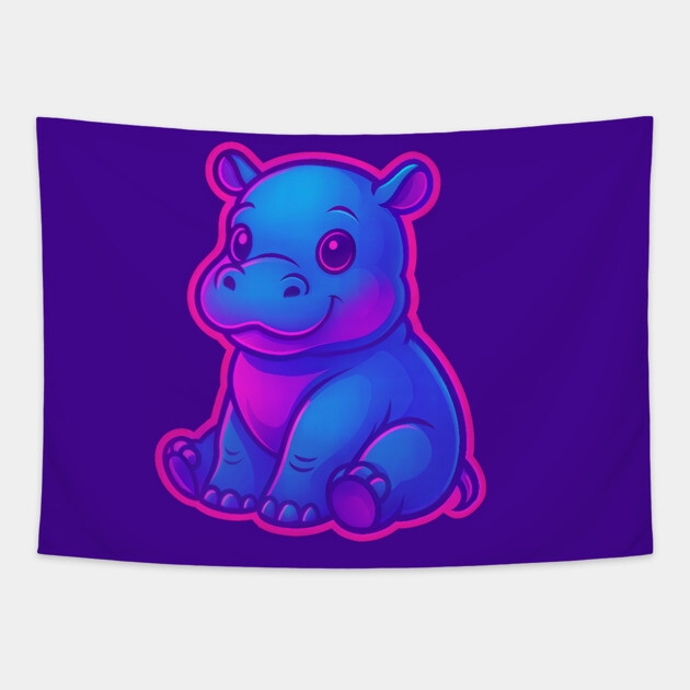 Cute Baby Hippo – Neon Blue and Pink Aesthetic Tapestry by DonWillisJrArt