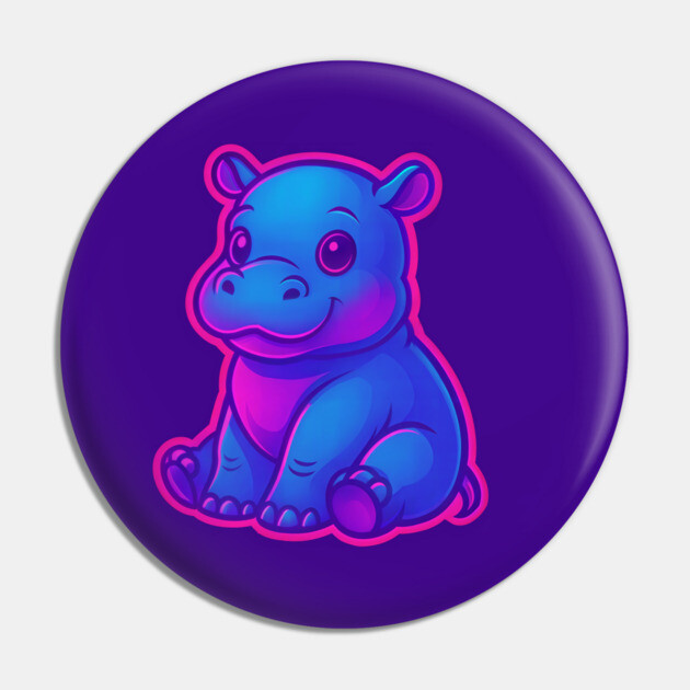 Cute Baby Hippo – Neon Blue and Pink Aesthetic Pin by DonWillisJrArt