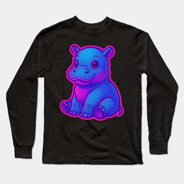 Cute Baby Hippo – Neon Blue and Pink Aesthetic Long Sleeve T-Shirt by DonWillisJrArt