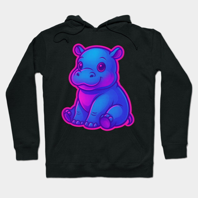 Cute Baby Hippo – Neon Blue and Pink Aesthetic Hoodie by DonWillisJrArt