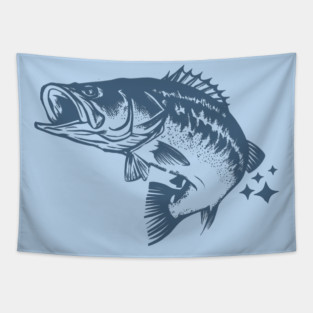 Retro Blue Bass Fish Illustration Tapestry
