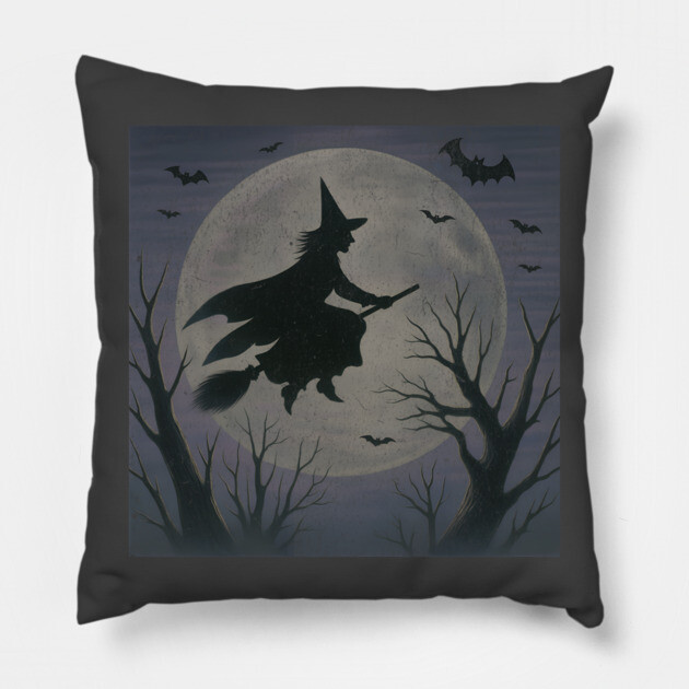 Witchy Moon Flight – Halloween Silhouette Design Pillow by DonWillisJrArt