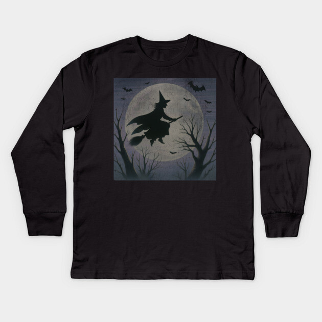 Witchy Moon Flight – Halloween Silhouette Design Kids Long Sleeve T-Shirt by DonWillisJrArt