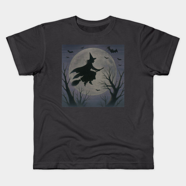Witchy Moon Flight – Halloween Silhouette Design Kids T-Shirt by DonWillisJrArt