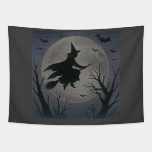 Witchy Moon Flight – Halloween Silhouette Design Tapestry