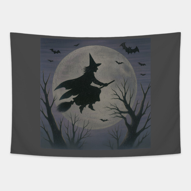 Witchy Moon Flight – Halloween Silhouette Design Tapestry by DonWillisJrArt