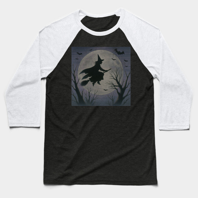 Witchy Moon Flight – Halloween Silhouette Design Baseball T-Shirt by DonWillisJrArt