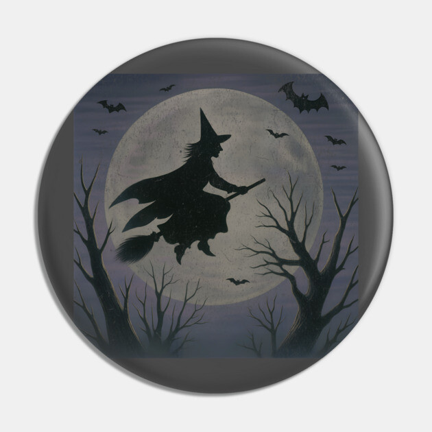 Witchy Moon Flight – Halloween Silhouette Design Pin by DonWillisJrArt