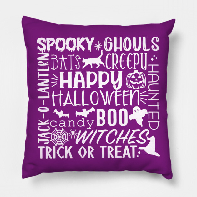 Spooky Halloween Words White Pillow by casualteesinc