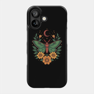 Goblincore Moth With Moon Phases and Cottagecore Floral Design Phone Case