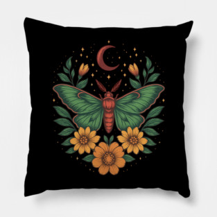 Goblincore Moth With Moon Phases and Cottagecore Floral Design Pillow