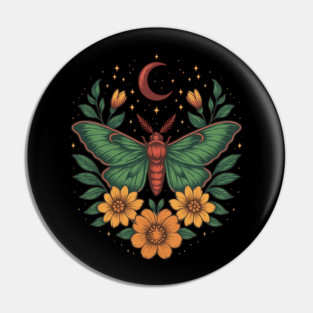 Goblincore Moth With Moon Phases and Cottagecore Floral Design Pin