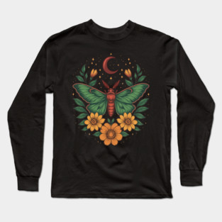 Goblincore Moth With Moon Phases and Cottagecore Floral Design Long Sleeve T-Shirt