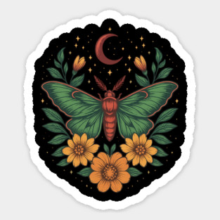 Goblincore Moth With Moon Phases and Cottagecore Floral Design Sticker