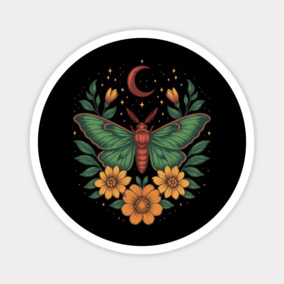 Goblincore Moth With Moon Phases and Cottagecore Floral Design Magnet
