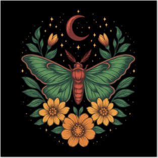 Goblincore Moth With Moon Phases and Cottagecore Floral Design Posters and Art