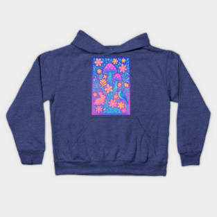 Chillwave Cottagecore Floral Wonderland with Bunny and Bird Kids Hoodie