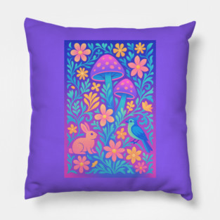 Chillwave Cottagecore Floral Wonderland with Bunny and Bird Pillow