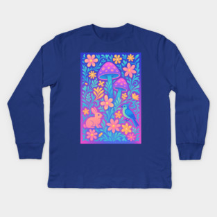 Chillwave Cottagecore Floral Wonderland with Bunny and Bird Kids Long Sleeve T-Shirt
