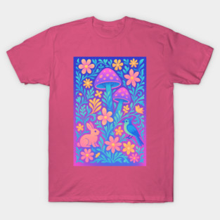 Chillwave Cottagecore Floral Wonderland with Bunny and Bird T-Shirt