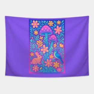Chillwave Cottagecore Floral Wonderland with Bunny and Bird Tapestry