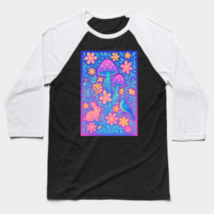 Chillwave Cottagecore Floral Wonderland with Bunny and Bird Baseball T-Shirt