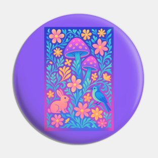 Chillwave Cottagecore Floral Wonderland with Bunny and Bird Pin