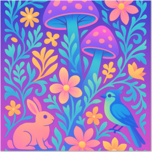 Chillwave Cottagecore Floral Wonderland with Bunny and Bird Posters and Art