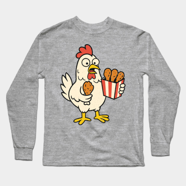 Chicken Munching on Fried Chicken Bucket Fast Food Parody Long Sleeve T-Shirt by Anticorporati